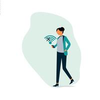 A woman holds a phone with no signal. vector