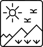 A black and white drawing of a mountain range with a sun in the sky. The sun is in the middle of the drawing and is surrounded by a circle. There are also birds in the sky, with one on the left side vector