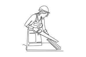 Single one line drawing side view carpenter woman using hand saw sawing cutting wooden board on workbench in housing construction site. Modern continuous line draw design graphic illustration vector