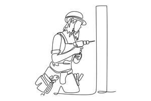 Continuous one line drawing of female carpenter with electric screwdriver home improvement and repair. Woman worker using tools building with drill. Single line draw design graphic illustration vector
