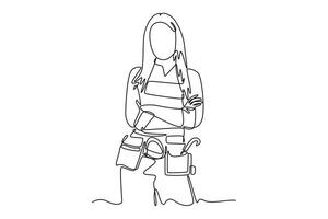 Single continuous line drawing confident women carpenter standing in workshop. Female carpenter entrepreneur working with furniture tool in workbench. One line draw graphic design illustration vector