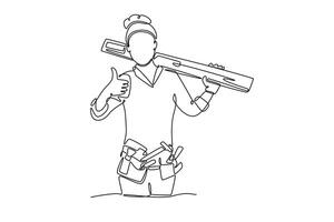 Single one line drawing of attractive carpenter woman carrying planks of wood on her shoulder with thumbs up gesture. Home construction concept. Continuous line draw design graphic illustration vector