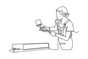 Single one line drawing attractive young carpenter woman painting a table with spray gun while working in woodshop. DIY wooden furniture. Modern continuous line draw design graphic illustration vector