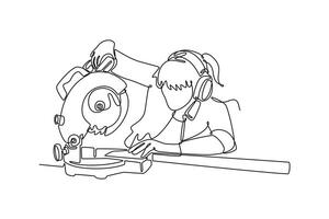 Single one line drawing carpenter woman using hearing protection, glasses and gloves while using circular saw to cutting wood plank in workshop. Continuous line draw design graphic illustration vector