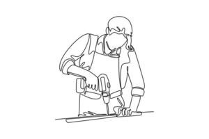 Continuous one line drawing cute female carpenter using drill machine on wood at bandsaw in workshop. Women entrepreneur working craft in workbench. Single line draw design graphic illustration vector