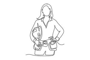 Single continuous line drawing confident woman builder standing with tools belt and holding hard hat in hands. Female construction worker in worksite. One line draw graphic design illustration vector