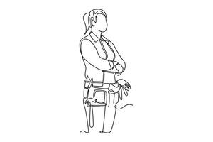 Single continuous line drawing side view young female joiner in apron and tools belt standing near workbench while working in craft workshop. Dynamic one line draw graphic design illustration vector