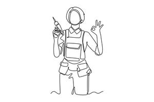 Continuous one line drawing attractive carpenter woman holding power drill in workshop with ok gesture. Enthusiasm for woodworking projects concept. Single line draw design graphic illustration vector
