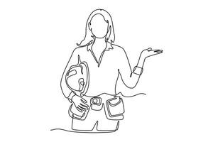 Single continuous line drawing young woman builder with hardhat in hand. Female construction worker working with heavy industrial tool in site. Dynamic one line draw graphic design illustration vector