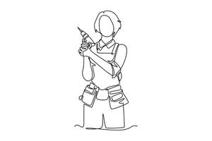 Continuous one line drawing young active carpenter woman standing and holding a power drill in workshop. Home construction and renovation concept. Single line draw design graphic illustration vector