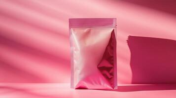 Light shining spotlight on a bag of protein with pink background. 10 photo