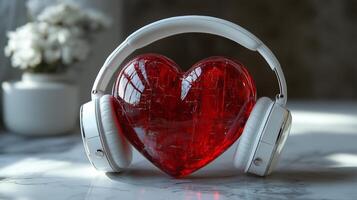 A red heart with white headphones on a white background. 4 photo