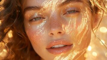 The model with her eyes closed and transparent golden liquid covering her entire face. 2 photo