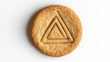 Circular cookie with the triangle simple icon on it, isolated on solid white background. 8 photo