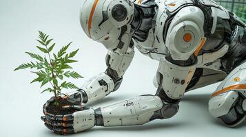 A humanoid robot planting a sapling. Mechanical hands holding the plant. 10 photo