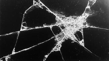 Broken glass surface isolated on black background. photo