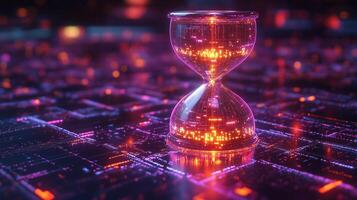 A shimmering digital hourglass floating in cyberspace. 4 photo