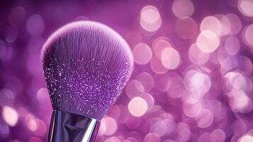 A makeup brush with glitter on the bristles, set against a purple bokeh background. 11 photo
