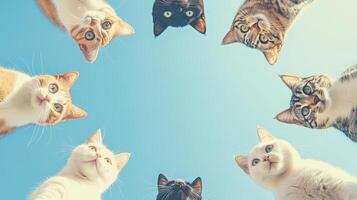 From a bottom-up perspective, eight cats form a circle and the on the background. 11 photo