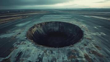 Very large, circular, dark, empty, bottomless sinkhole in the middle of an airfield strip. 4 photo