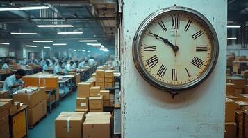 A clock hangs in the center of an Indian factory hall, surrounded by boxes and workers. 1 photo