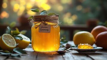 A jar of golden quince marmalade, decorated with a rustic twine bow. 11 photo