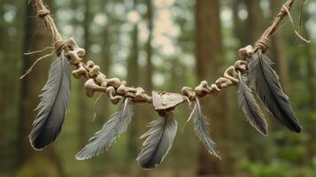 The necklace with weathered bones and dull gray feathers against a forest background. 10 photo