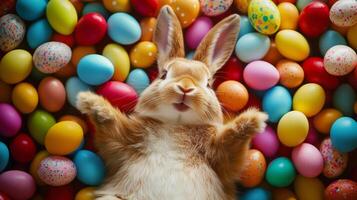 Top view of Easter smiling funny bunny laying on the back with a lot of colorful eggs. 15 photo