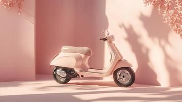 The beige scooter with an ergonomic seat against a minimalistic pastel background. 10 photo