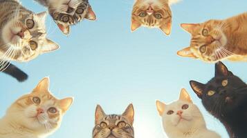 From a bottom-up perspective, eight cats form a circle and the on the background. 12 photo