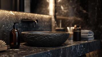 A black marble bathroom with a black textured sink and the beauty skin product. 1 photo
