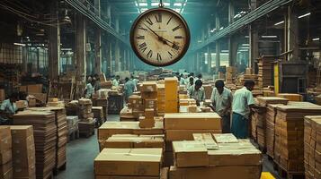 A clock hangs in the center of an Indian factory hall, surrounded by boxes and workers. 2 photo