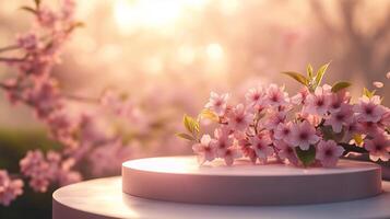 A round podium with pink sakura flowers on it, a blurred background with blooming cherry. 7 photo