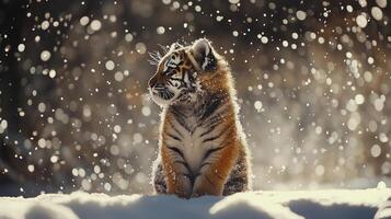 A tiger, in the midst of snow, with heavy snowfall. 6 photo