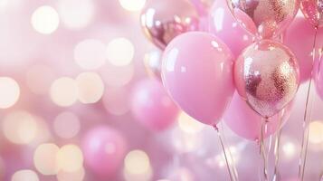 brillante rosado oro globos en el blanco y rosado bokeh antecedentes. dieciséis foto