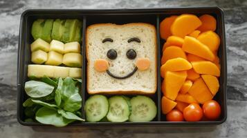 Childs lunch box featuring a fun arrangement of healthy foods, including a smiling sandwich. 5 photo