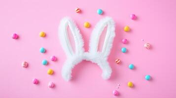White fluffy bunny ears with colorful candies, top view. Easter concept. 13 photo