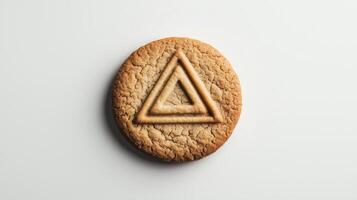 Circular cookie with the triangle simple icon on it, isolated on solid white background. 9 photo