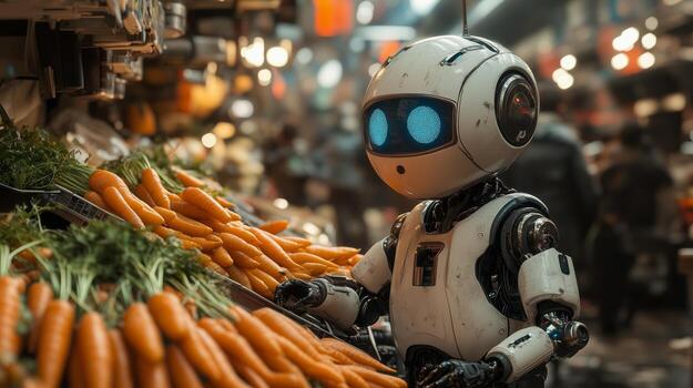 An old robot selling carrots in the old bazaar. 9 photo