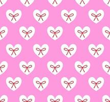 Seamless pattern with white hearts and red bow on pink background. vector
