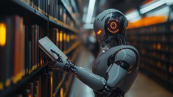 The robots hand reaching for a book in a library with orange neon accents. 4 photo