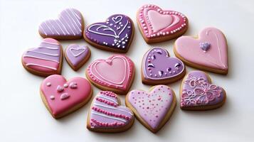 Valentine's Day gift box cookies in shades of pink, purple and red, decorated with intricate designs. 16 photo