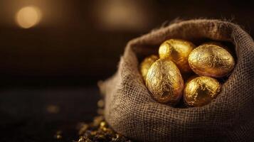A burlap sack filled with golden chocolate eggs. 3 photo