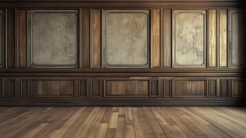 Old building with wooden parquet floor, wooden wainscoting panels and wallpaper. 11 photo