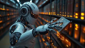The robots hand reaching for a book in a library with orange neon accents. 5 photo