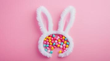 White fluffy bunny ears with colorful candies, top view. Easter concept. 14 photo