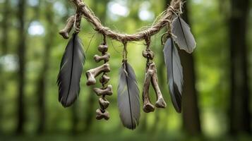 The necklace with weathered bones and dull gray feathers against a forest background. 11 photo