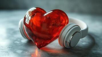 A red heart with white headphones on a white background. 5 photo