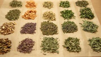 Various dried and fresh herbs, such as thyme, oregano, and sage, laid out on paper. 4 photo