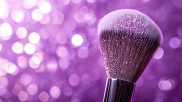 A makeup brush with glitter on the bristles, set against a purple bokeh background. 12 photo